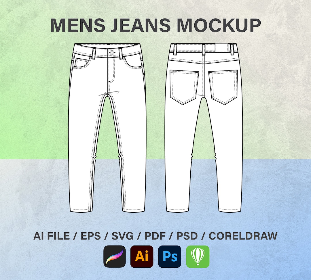 Men's Jeans Fashion Flat Sketches, Fashion Vector Sketch, Technical ...