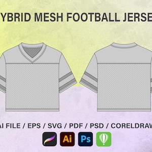 Puede incluir: Una camiseta de fútbol de malla híbrida gris mostrada de frente y de espaldas, con cuello en V y mangas a rayas. El texto HYBRID MESH FOOTBALL JERSEY aparece arriba, con AI FILE / EPS / SVG / PDF / PSD / CORELDRAW en la parte inferior.