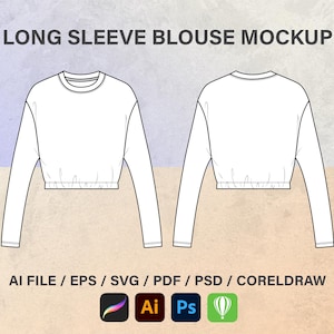 Long Sleeve-Blouse-tops-vector-illustration-Womens Flat Template, Vector Mockup Templates, fashion Clothing, Tops Flat Sketch, Streetwear