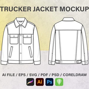 Trucker Jacket, Men's Hooded, Fashion Jacket, Sketch Flat, Technical Drawing, Vector Illustration, Vector mockup, SVG Flat Templates