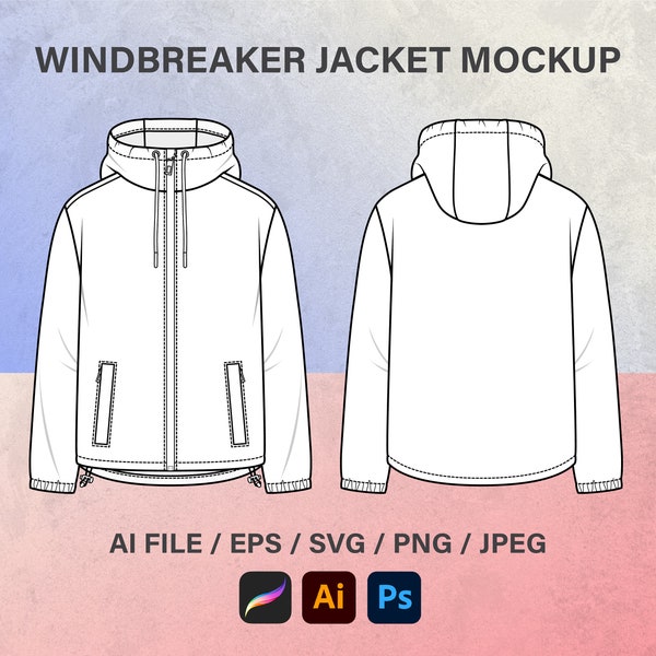 Windbreaker Jacket, Men's Hooded, Fashion Jacket, Sketch Flat, Technical Drawing, Vector Illustration, Vector mockup, SVG Flat Templates
