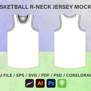 May include: A white basketball jersey mockup with a round neck and gray trim. The jersey is shown on a light blue and green background. AI FILE / EPS / SVG / PDF / PSD / CORELDRAW