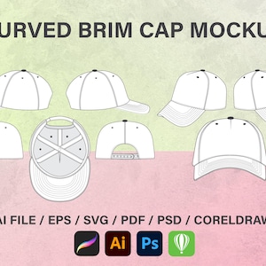Könnte beinhalten: Ein Mockup einer weißen Kappe mit gebogenem Schirm in verschiedenen Ansichten. Die Kappe wird von vorne, von der Seite und von hinten gezeigt. Die Kappe hat ein schlichtes Design ohne Branding oder Verzierungen.