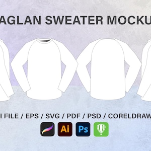 May include: A white raglan sweater mockup with long sleeves. The sweater is shown from the front, back, and both sides. The text "RAGLAN SWEATER MOCKUP" is at the top of the image. The text "AI FILE / EPS / SVG / PDF / PSD / CORELDRAW" is at the bottom of the image. The icons for Adobe Illustrator, Adobe Photoshop, and CorelDRAW are also shown at the bottom of the image.