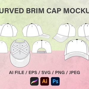 Curved Brim Snapback Cap, Streetwear Cap Tech Pack Hat Mockup, Illustrator Template, Procreate Mockup, Blank Cap Illustrator, Flat Sketch