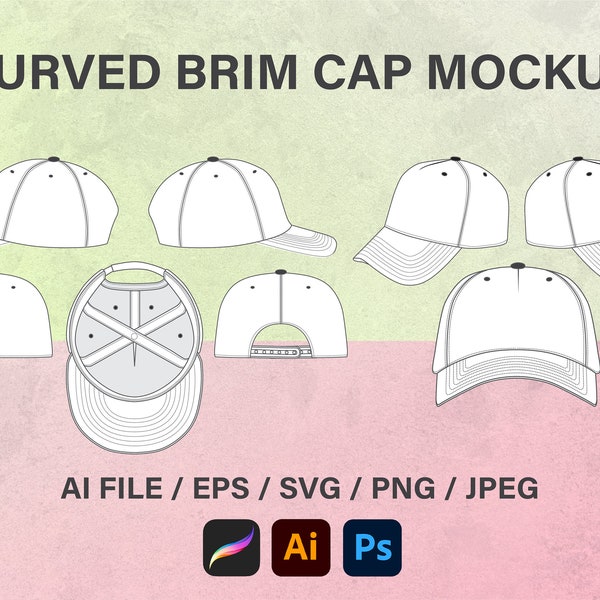 Curved Brim Snapback Cap, Streetwear Cap Tech Pack Hat Mockup, Illustrator Template, Procreate Mockup, Blank Cap Illustrator, Flat Sketch
