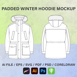 Padded Winter Hoodie,Parka Coat with Hood, Vector Technical Sketch, Mockup, Template, Drawing template, Flat Sketch, Tech packs, Streetwear