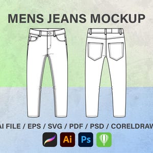 Herrenjeans-Modeskizzen, Modevektorskizzen, technische Modeskizzen, Herren-Denim-Jeans-Modeskizzen – technische Zeichnungen
