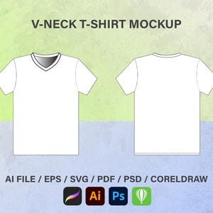 V-Neck T-shirt Mockup Streetwear Vector Template Illustrator, Clothing Template Vector Blank flat Drawing SVG, Flat Sketch