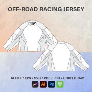 Könnte beinhalten: Ein weißes Offroad-Rennshirt mit langen Ärmeln, grauen Einsätzen und gepunkteten Mesh-Strukturen an Schultern und Seiten. Das Design zeigt Vorder- und Rückansicht. Text: OFF-ROAD RACING JERSEY und AI FILE / EPS / SVG / PDF / PSD / CORELDRAW.