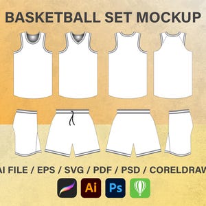 Basketball Set Jersey Mockup Streetwear Vector Template Illustrator Tech Pack Mockup, Clothing Template Vector Blank flat Drawing SVG