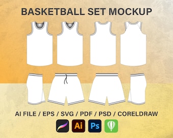 Set da basket Maglia Mockup Streetwear Modello vettoriale Illustrator Tech Pack Mockup, modello di abbigliamento Vettore Disegno piatto vuoto SVG