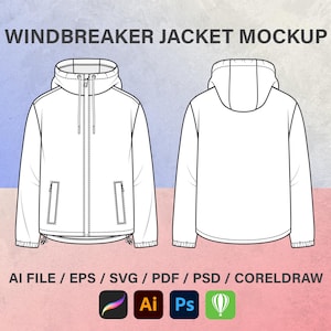 Windbreaker Jacket, Men's Hooded, Fashion , Sketch Flat, Technical Drawing, Vector Illustration, Vector mockup, SVG Templates