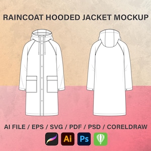 Rain Coat Mens Hooded, Jacket-long fashion, Sketch-Flat Technical Drawing, Vector Flat, Digital Download, Streetwear Mockup, Vector Mockup