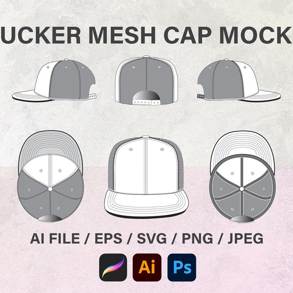 Trucker Mesh Cap Template Vector, Flat Illustration Mockup, Streetwear Cap Streetwear Vector Cap, Hat Mockup Vector, Flat Sketch