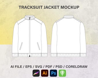 Tracksuit Jacket, Men's Hooded, Fashion Jacket, Sketch Flat, Technical Drawing, Vector Illustration, Vector mockup, SVG Flat Templates