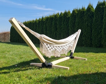 Hamac avec support en bois de hêtre, chaise de jardin en macramé boho