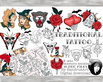 Traditional Tattoo- Clipart lineart pack - png elements with transparent background - sticker making and digital planning, tattoo style