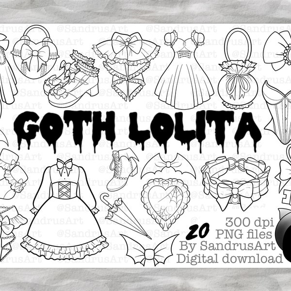 Goth lolita fashion - Clipart lineart pack - éléments png avec fond transparent - fabrication d'autocollants et planification numérique, style tatouage