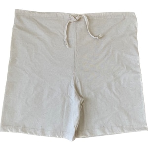 May include: A pair of light beige cotton shorts with a drawstring waist.