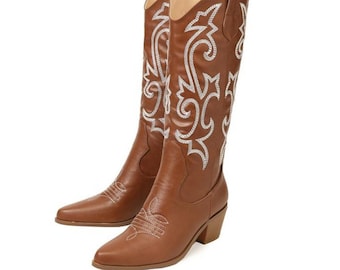 Pointed Toe Western Boots, Brown PU Leather Mid-Calf Embroidered Cowgirl Boots, Square Heel Outlaw Boots, Western High Heels