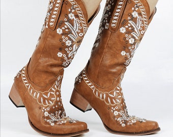 Brown PU Leather Floral Embroidered Western Cowgirl Boots, Mid-Calf Slip On Boots, Pointed Toe Wide Calf Boots, Block Heel Boho Boots