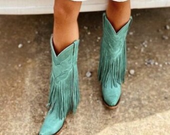 PU Leather Mid Calf Cowgirl Boots, Square Heel Western Boots, Embroidered Pull On Boots, Cowgirl High Heels, Saddle String Boots