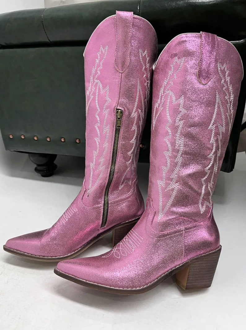 Shiny PU Leather Cowgirl Boots Mid Calf Square Heel Western Etsy