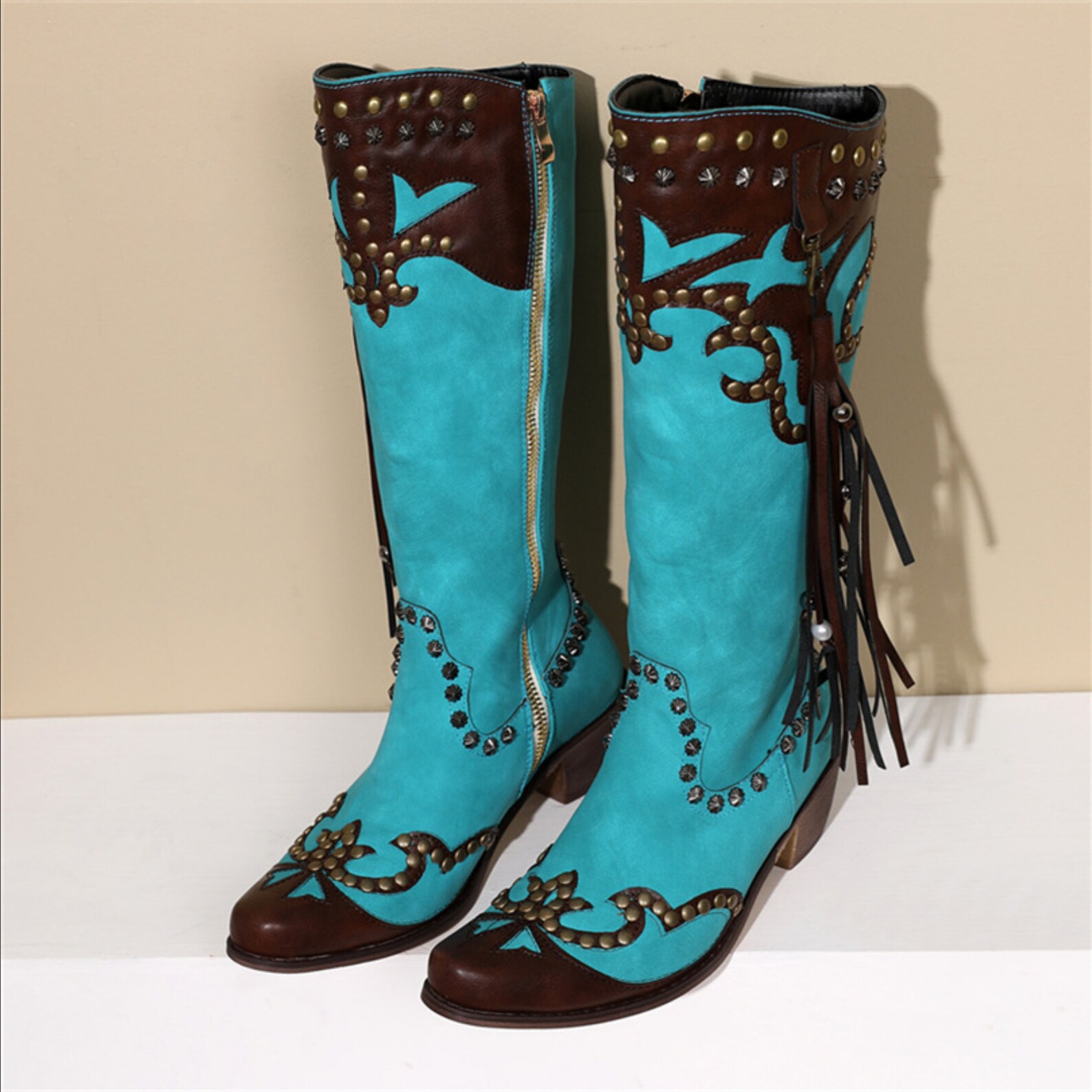 Blue & Brwon Square Heel Cowgirl Boots, Punched PU Leather Boots