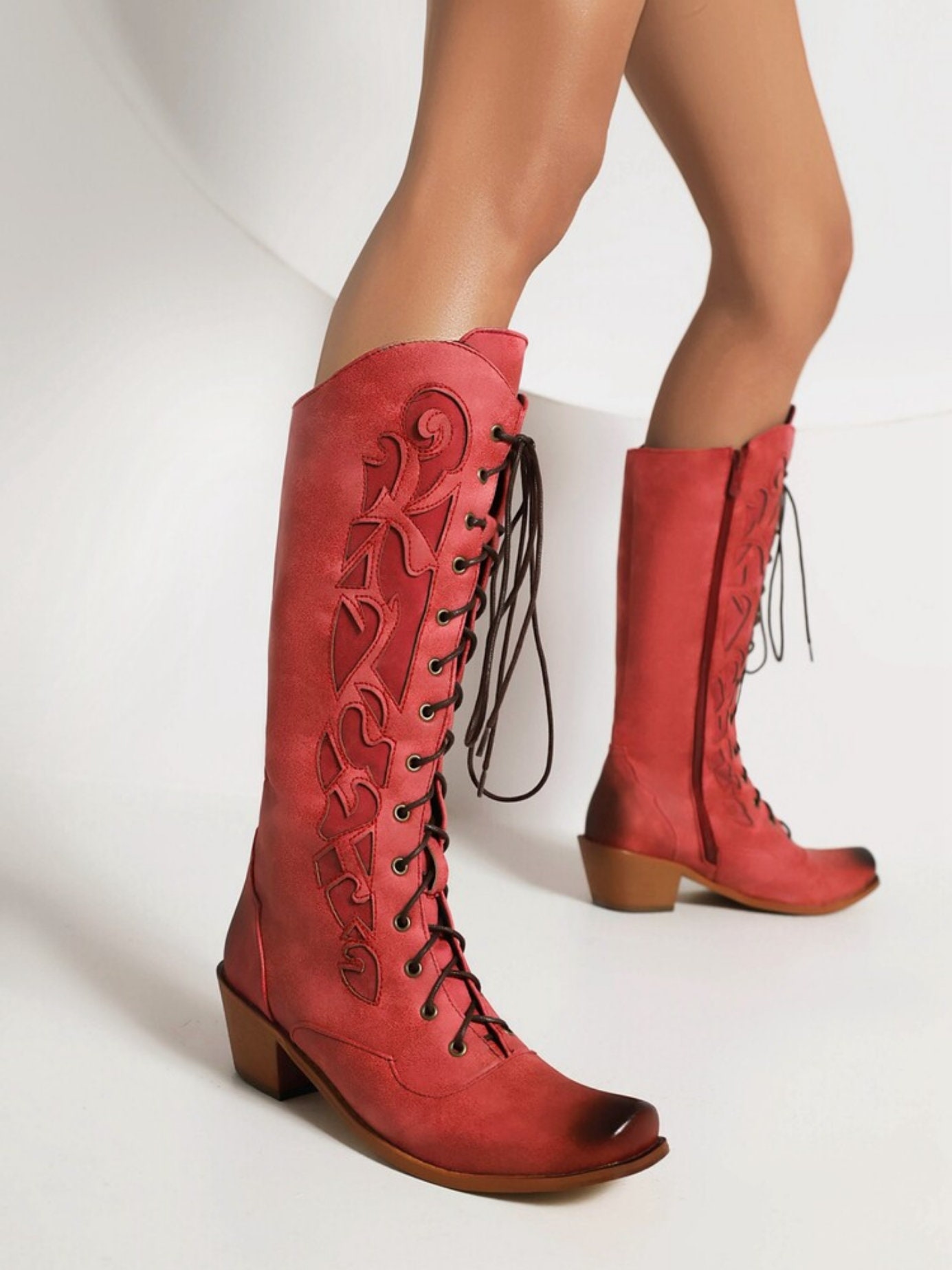 QIXUJAK Damen Cowboystiefel Kniehoch - Spitze Zehen, Chunky Absatz, Wildleder Optik