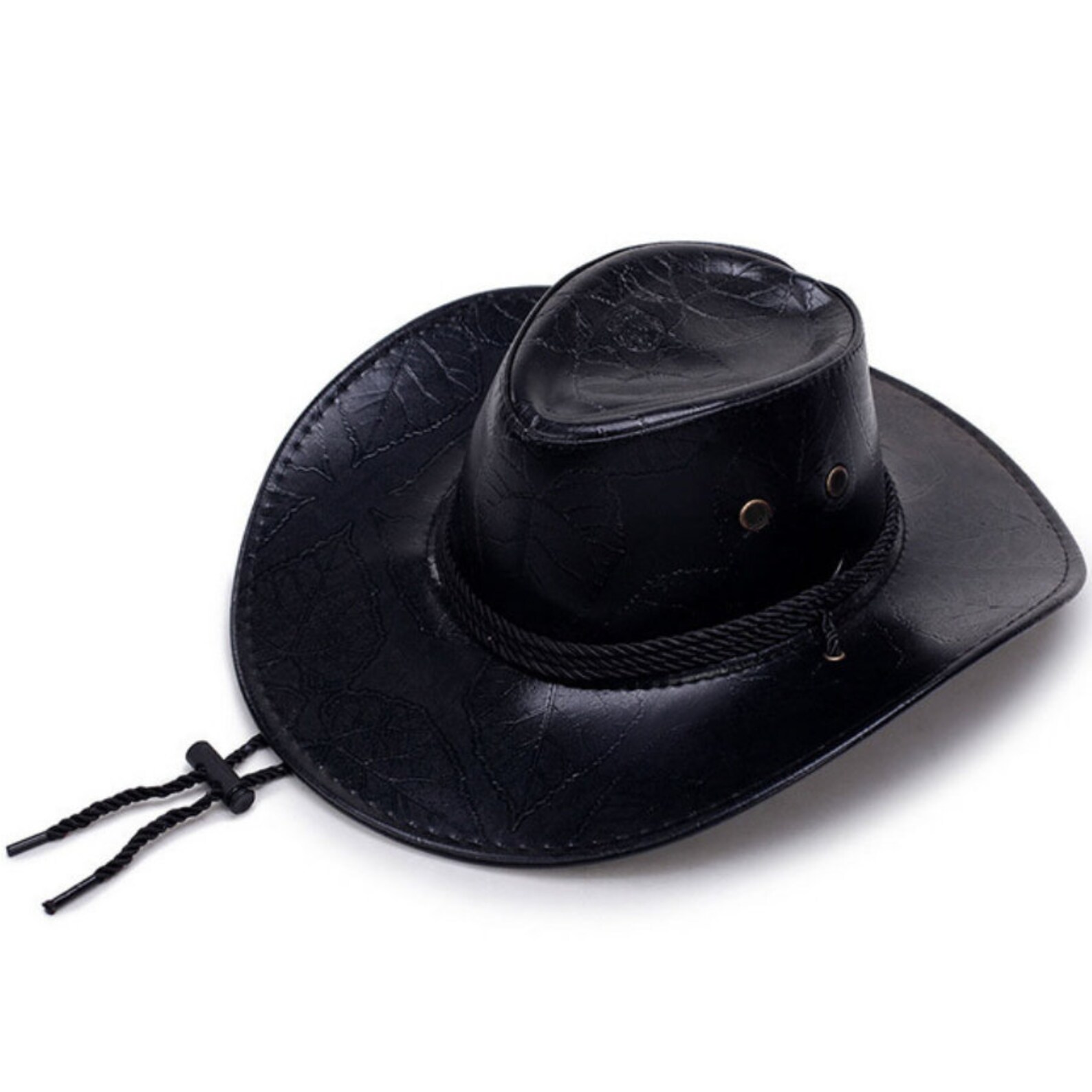 Faux Leather Leaf Pattern Cowboy Hat, Adjustable Chin Strap Cowboy Hat
