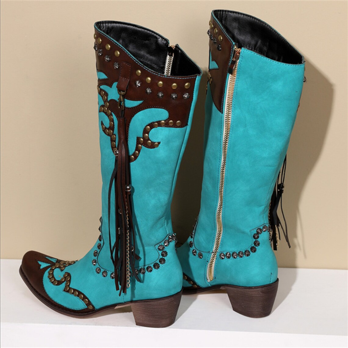 Blue & Brwon Square Heel Cowgirl Boots, Punched PU Leather Boots