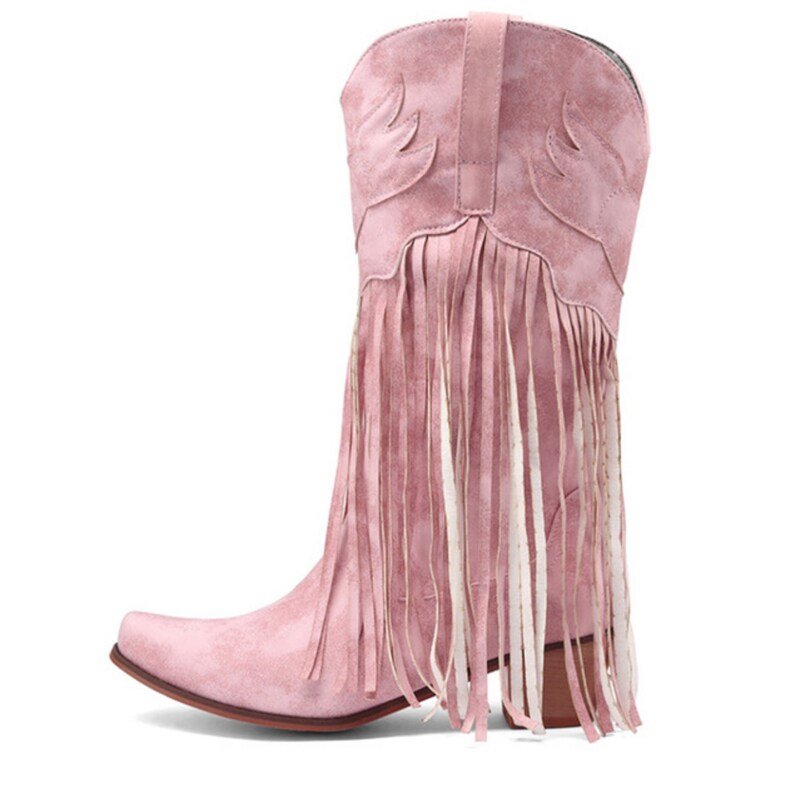 PU Leather Mid Calf Cowgirl Boots Square Heel Western Boots Etsy