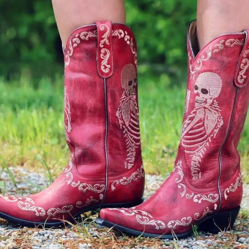 PU Leather Mid Calf Cowgirl Boots Square Heel Western Boots Etsy