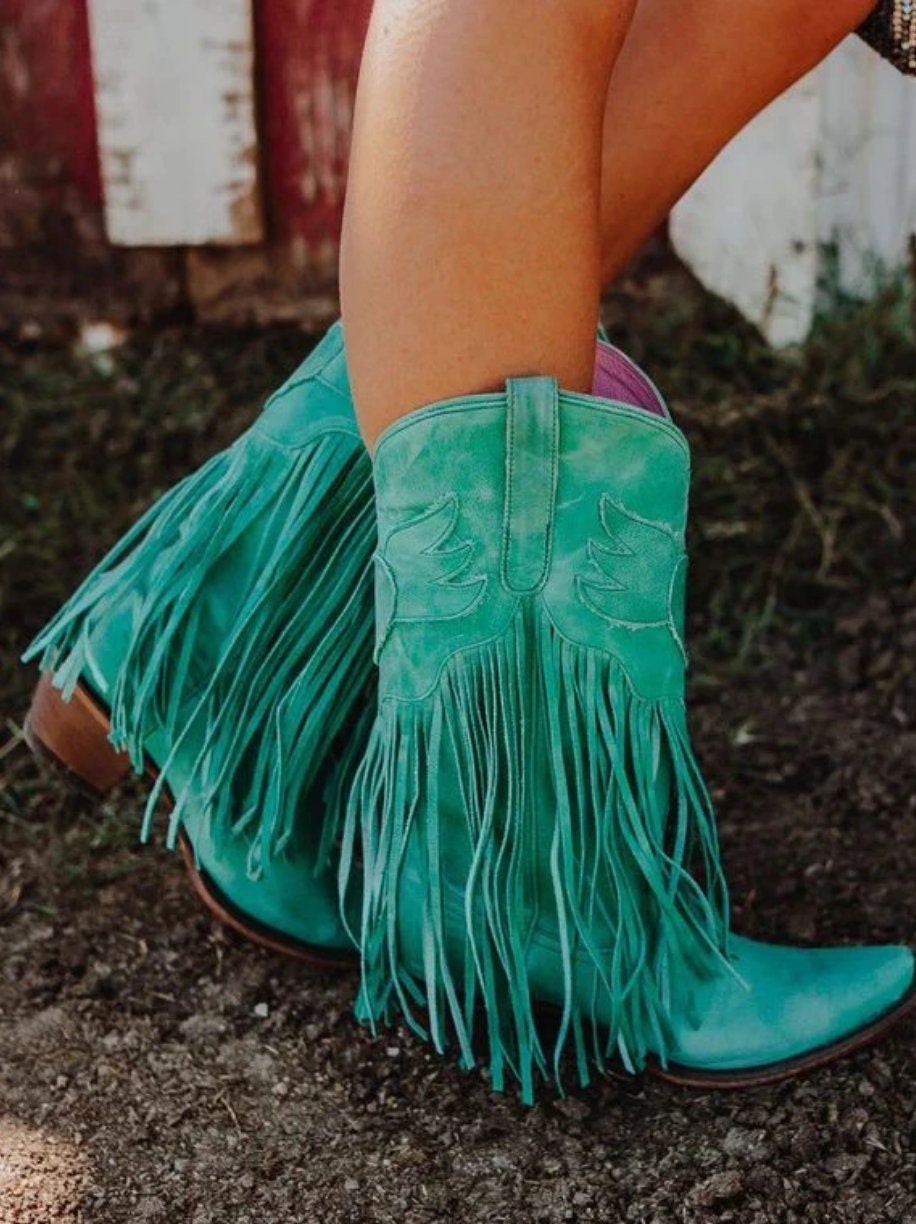 PU Leather Mid Calf Cowgirl Boots, Square Heel Western Boots