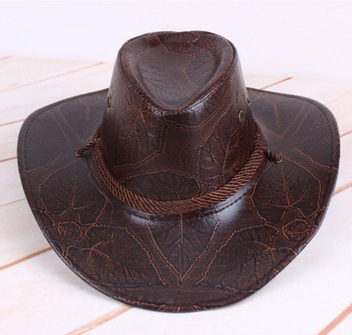 Faux Leather Leaf Pattern Cowboy Hat, Adjustable Chin Strap Cowboy Hat