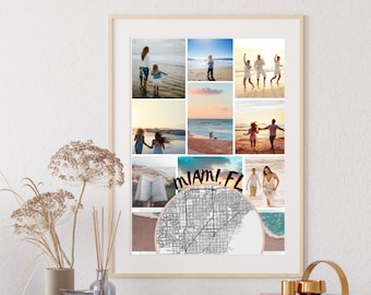 Vacation Map Photo Collage Portrait, Miami, FL, Travel Memories Gift, For Couples Honeymoon Gifts, Family Vacation, Photograph Present