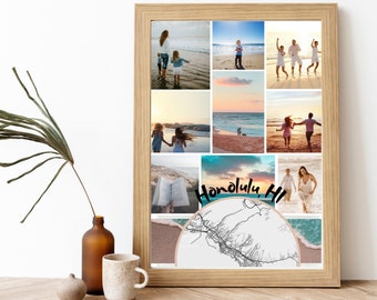 Vacation Map Photo Collage Portrait, Honolulu, HI, Travel Memories Gift, For Couples Honeymoon Gifts, Family Vacation, Photograph Present