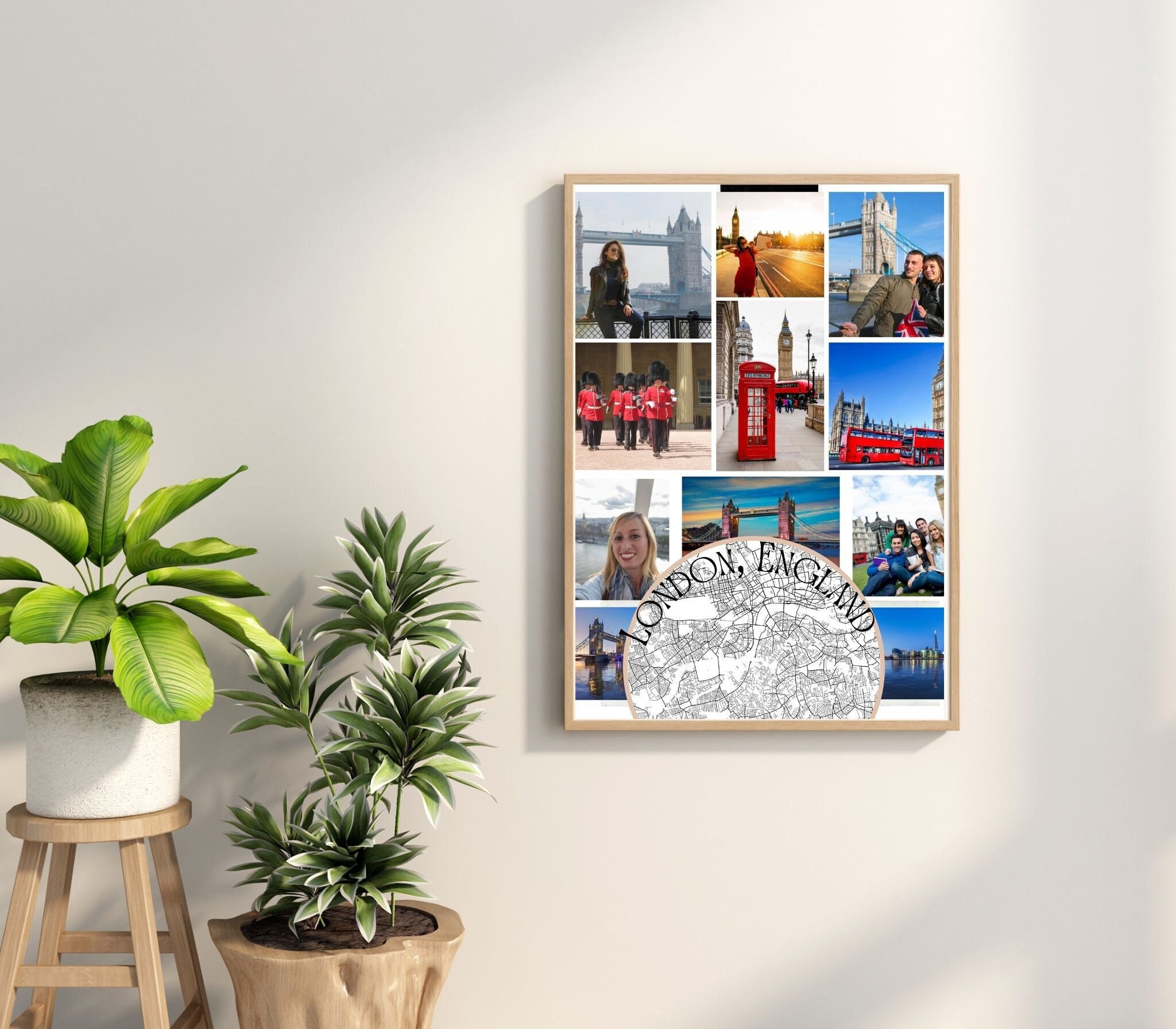 Vacation Map Photo Collage Portrait, London, England, Travel Memories Gift, For Couples Honeymoon Gifts, Family Vacation, Photograph Present
