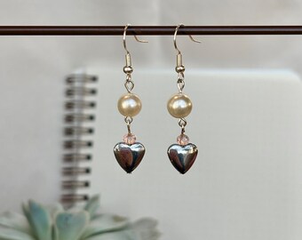 Pendientes rosa perla - Pendientes de corazón de coqueta Y2K Vidrio hecho a mano con cuentas joyería de perlas regalo para ella