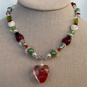 Ladybug Forest Necklace - Y2K Cottagecore Fairycore Heart Necklace Handmade Glass Beaded Necklace Gift For Her