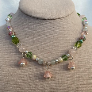 Handmade Pink Flower Drop Necklace - Y2K Cottagecore Flower Necklace Glass Beaded Necklace Gift For Her