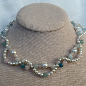 Handmade Rose Quartz Pink and Green Pearl Fairy Necklace - Y2K Cottagecore Coquette Fairycore Necklace Glass Beaded Necklace Gift For Her
