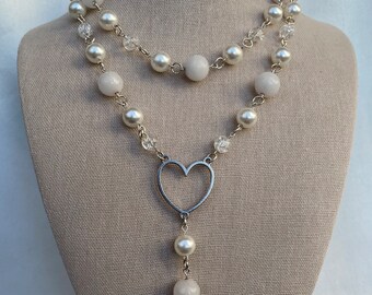 Collar de perlas de cuarzo rosa de doble capa hecho a mano - Y2K Coquette Heart Necklace Glass Beaded Necklace Regalo para ella
