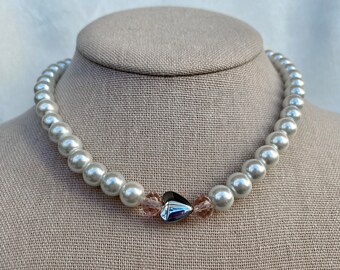 Pearl Pink Necklace - Y2K Coquette Heart Necklace Glass Handmade Beaded Pearl Choker Gift For Her