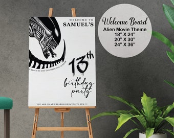 Panneau de bienvenue d'anniversaire de film extraterrestre, panneau de bienvenue Xenomorph Aliens, panneau de fête noir et blanc, xénomorphe, thème extraterrestre