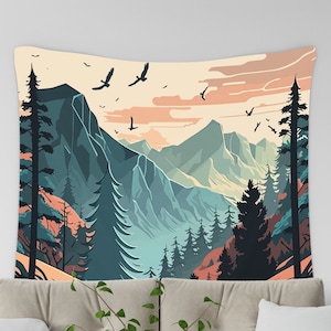 Abstract Mountain Tapestry, Forest Trees Wall Hanging, Nature Landscape Living Room Bedroom Dorm, Boho Wall Tapestry, Textile Wall Hanging