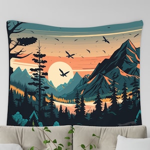 Abstract Mountain Tapestry, Sunset Wall Hanging, Forest Tree Tapestry, Boho Tapestry, Textile Wall Art, Nature Landscape Living Room Bedroom