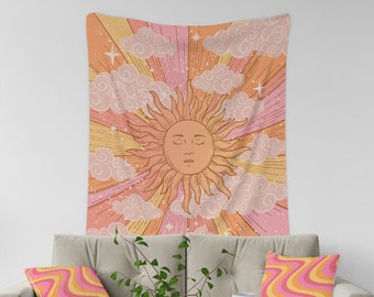 Vintage Sun Tapestry, Celestial Wall Hanging, Astrology Wall Tapestry, Retro Aesthetic Room Decor, Boho Sun Tapestry, 70s Dorm Wall Decor