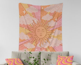 Vintage Sun Tapestry, Celestial Wall Hanging, Astrology Wall Tapestry, Retro Aesthetic Room Decor, Boho Sun Tapestry, 70s Dorm Wall Decor